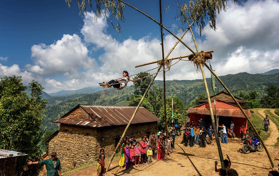 Traditional Bamboo Swing (Lingge Ping in Nepali) during Dashain Festival in Nepal 